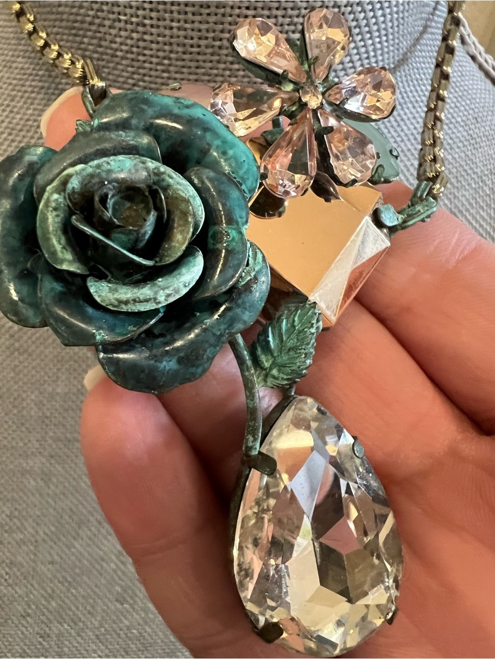 Betsey Johnson Metal Turquoise-Patina Rose and Crystal Drop Pendant Necklace - Picture 3 of 8